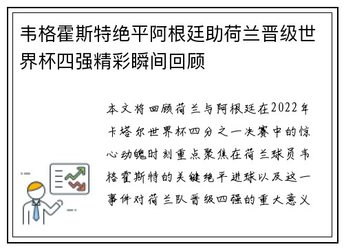 韦格霍斯特绝平阿根廷助荷兰晋级世界杯四强精彩瞬间回顾