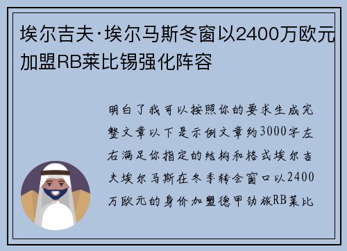 埃尔吉夫·埃尔马斯冬窗以2400万欧元加盟RB莱比锡强化阵容